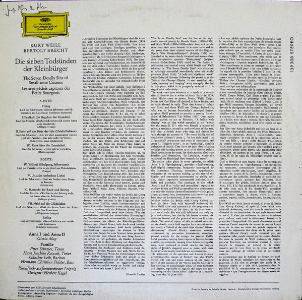 Bertolt Brecht - Kurt Weill, Gisela May : Die Sieben Todsünden = Les Sept Péchés Capitaux (LP)