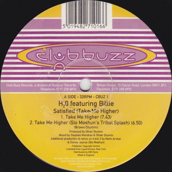 H2O Featuring Billie : Satisfied (Take Me Higher) (12")