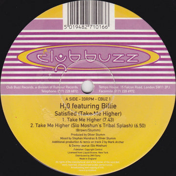 H2O Featuring Billie : Satisfied (Take Me Higher) (12")