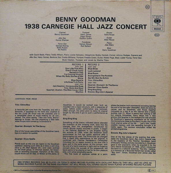 Benny Goodman : The Famous 1938 Carnegie Hall Jazz Concert (2xLP, Album, RE, Gat)