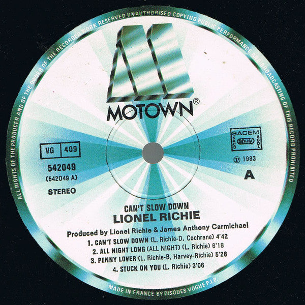 Lionel Richie : Can't Slow Down (LP, Album, Gat)