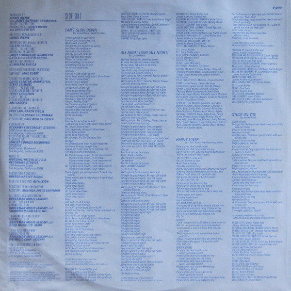 Lionel Richie : Can't Slow Down (LP, Album, Gat)