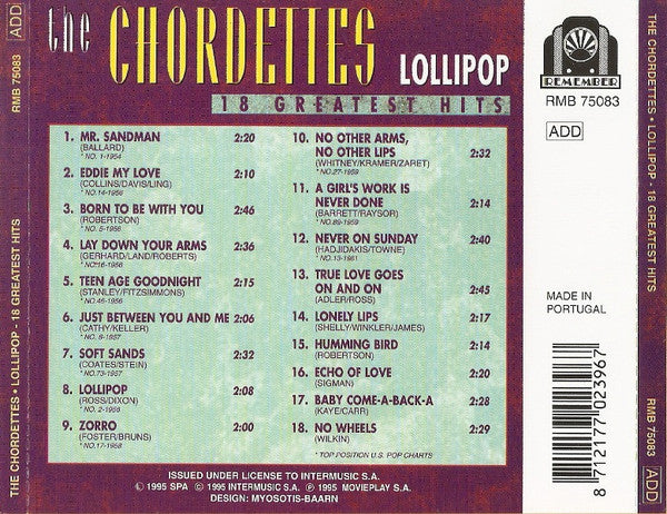The Chordettes : Lollipop - 18 Greatest Hits (CD, Comp)