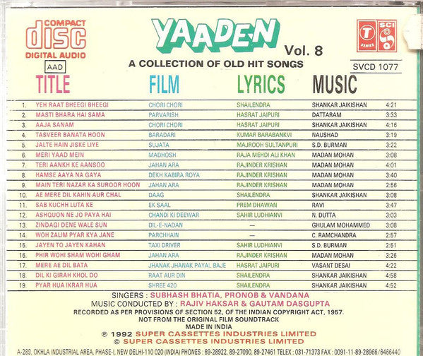 Subhash Bhatia, Pronob & Vandana Bajpai : Yaaden - Duet Songs - A Collection Of Old Hits Vol. 8 (CD)