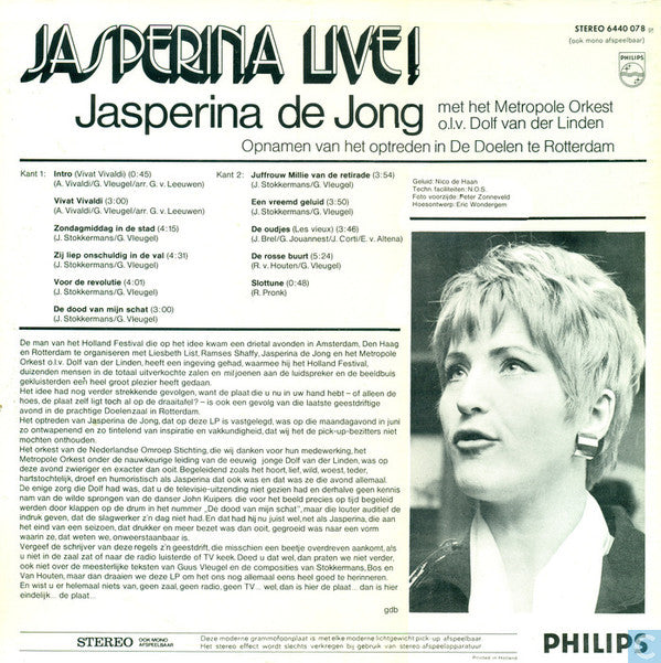 Jasperina de Jong Met Metropole Orchestra o.l.v. Dolf van der Linden : Jasperina Live! (LP, Album, RE)
