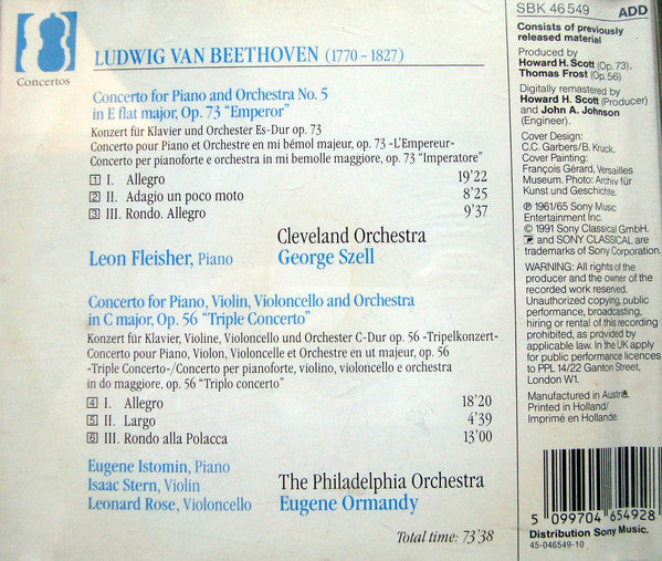 Ludwig van Beethoven / Leon Fleisher • Eugene Istomin • Isaac Stern • Leonard Rose • George Szell • Eugene Ormandy : Piano Concerto No. 5 "Emperor" • "Triple Concerto" (CD, Comp, RM)