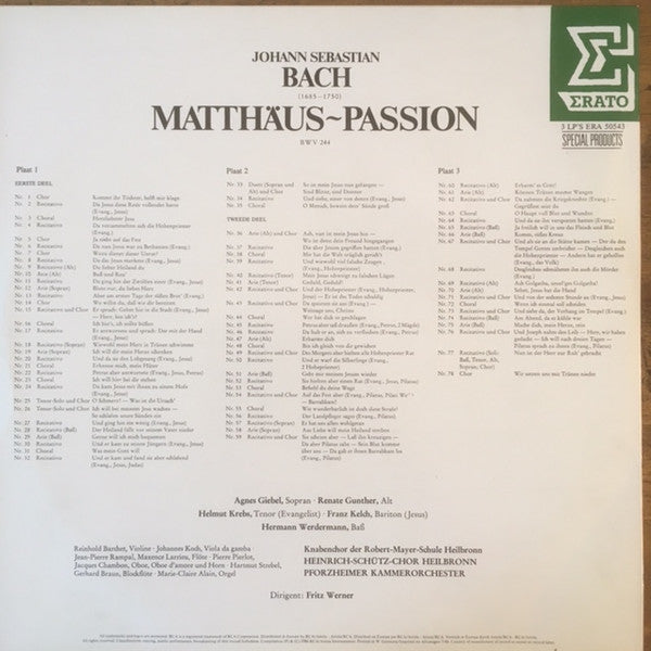 Johann Sebastian Bach - Agnes Giebel • Helmut Krebs • Renate Günther • Franz Kelch • Hermann Werdermann • Heinrich-Schütz-Chor Heilbronn, Südwestdeutsches Kammerorchester, Fritz Werner : Matthäus~Passion (3xLP, Album, RE)