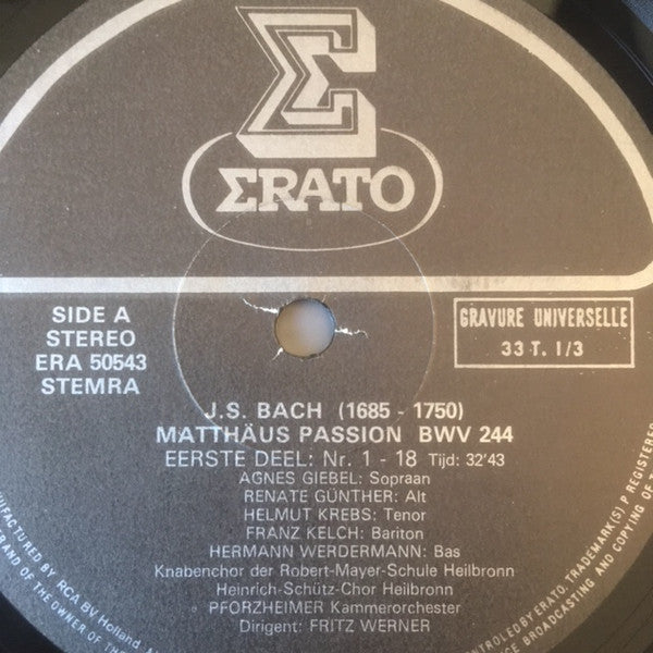 Johann Sebastian Bach - Agnes Giebel • Helmut Krebs • Renate Günther • Franz Kelch • Hermann Werdermann • Heinrich-Schütz-Chor Heilbronn, Südwestdeutsches Kammerorchester, Fritz Werner : Matthäus~Passion (3xLP, Album, RE)