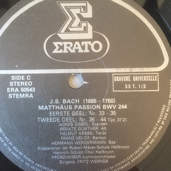 Johann Sebastian Bach - Agnes Giebel • Helmut Krebs • Renate Günther • Franz Kelch • Hermann Werdermann • Heinrich-Schütz-Chor Heilbronn, Südwestdeutsches Kammerorchester, Fritz Werner : Matthäus~Passion (3xLP, Album, RE)