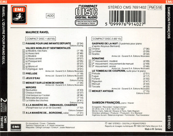 Samson François - Maurice Ravel : L'Œuvre Pour Piano Seul (2xCD, Comp, RE, RM)
