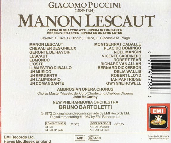 Puccini* / Montserrat Caballé / Placido Domingo, Ambrosian Opera Chorus*, New Philharmonia Orchestra, Bartoletti* : Manon Lescaut (2xCD + Box)