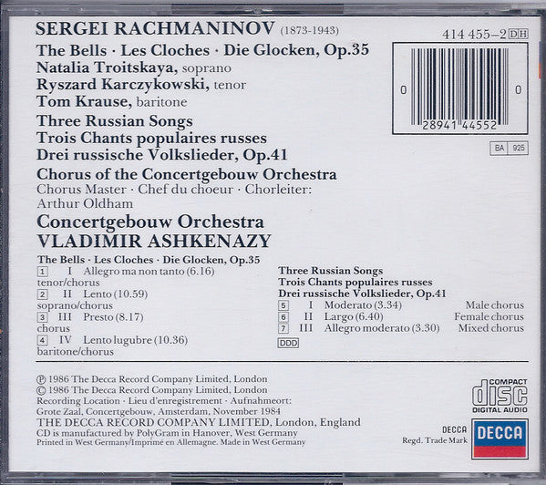 Rachmaninov* - Natalia Troitskaya, Ryszard Karczykowski, Tom Krause, Concertgebouw Orchestra* & Chorus*, Vladimir Ashkenazy : Die Glocken, Op.35 / Drei Russische Volkslieder (CD, Album, PDO)