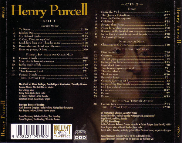 Henry Purcell, Michael Chance, The Choir Of Clare College, Miscellany (2) : Funeral Music For Queen Mary / Sacred Music / Dioclesian / Songs (2xCD, Comp)