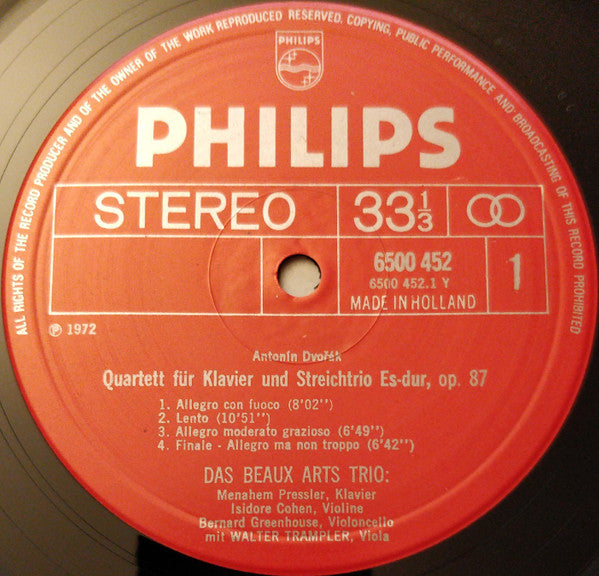 Antonín Dvořák, Beaux Arts Trio, Walter Trampler : Klavier-Quartette Op. 23 & 87 (LP)