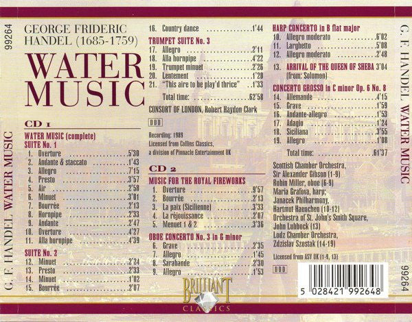 Georg Friedrich Händel : Water Music / Music For The Royal Fireworks / Harp Concerto / Trumpet Suite (2xCD)
