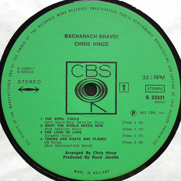 Chris Hinze : Hinze Plays Bacharach (LP)