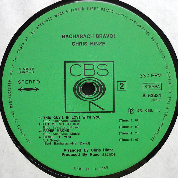 Chris Hinze : Hinze Plays Bacharach (LP)