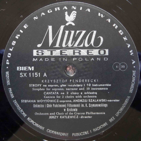 Krzysztof Penderecki - Orkiestra Filharmonii Im. Karola Szymanowskiego W Krakowie I Chór Filharmonii Im. Karola Szymanowskiego W Krakowie, Jerzy Katlewicz : Canticum Canticorum Salomonis / Strophes / Cantata (LP, Bla)
