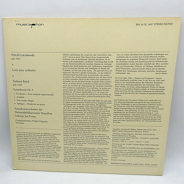 Witold Lutoslawski / Tadeusz Baird : Livre Pour Orchestre / Symphony No.3 (LP, RE)