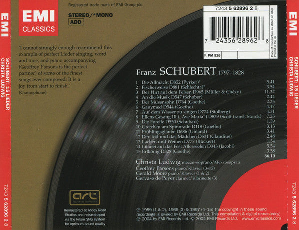 Franz Schubert - Christa Ludwig, Geoffrey Parsons (2), Gerald Moore, Gervase de Peyer : 15 Lieder (CD, Comp, Mono, RM)