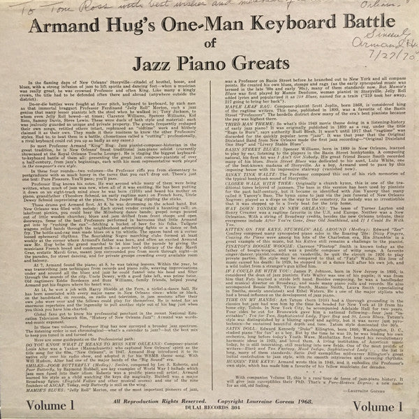 Armand Hug : Armand Hug Plays Jazz Piano Greats Vol. 1 (LP)