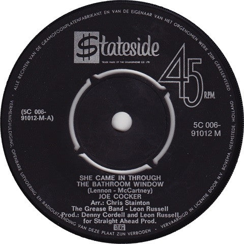 Joe Cocker : She Came In Through The Bathroom Window / That's Your Business (7", Single)
