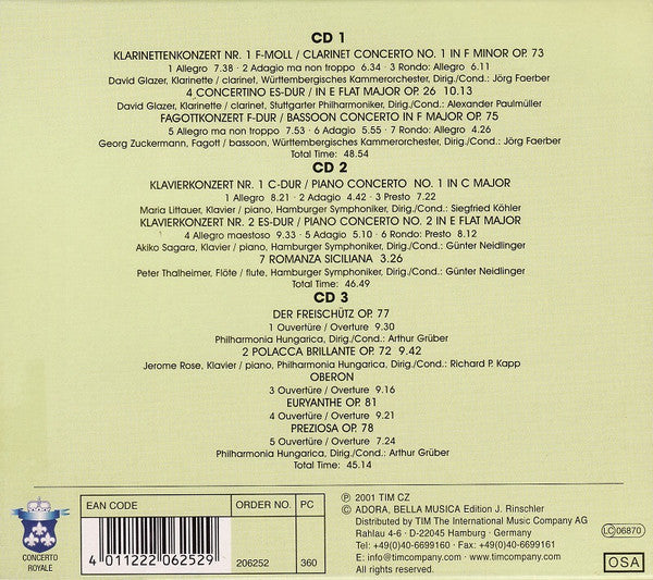 Carl Maria von Weber : Klavierkonzerte • Fagottkonzert • Klarinettenkonzert Nr. 1 = Piano Concertos • Bassoon Concerto •  Clarinet Concerto No. 1 (3xCD, Comp)