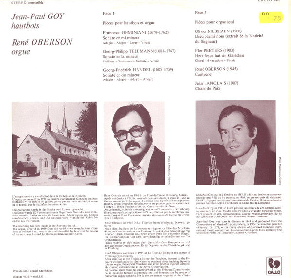 Jean-Paul Goy, René Oberson : Geminiani-Telemann-Haendel-Messiaen-Peeters-Oberson-Langlais (LP)