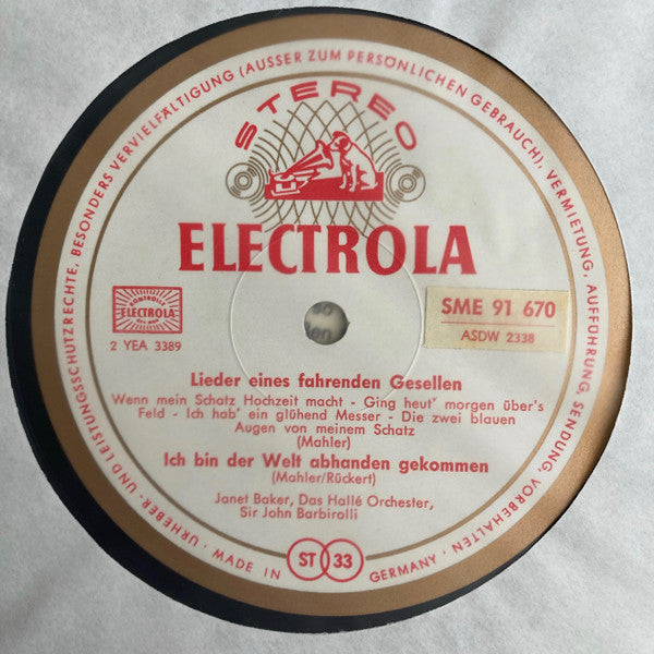 Janet Baker Sings Gustav Mahler, Hallé Orchestra, Sir John Barbirolli : Janet Baker Sings Mahler (Kindertotenlieder / Lieder Eines Fahrenden Gesellen / Ich Bin Der Welt Abhanden Gekommen) (LP)