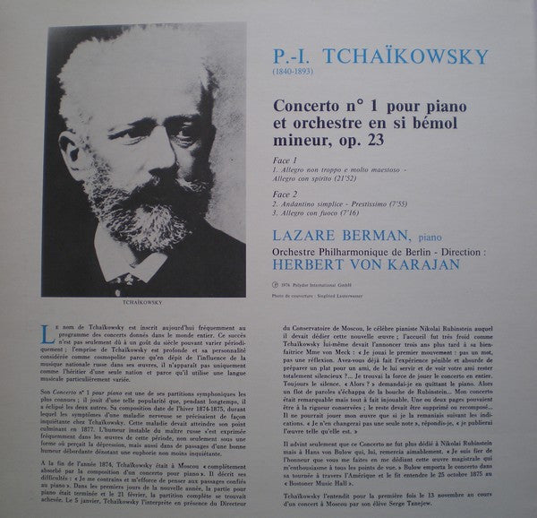 Pyotr Ilyich Tchaikovsky / Herbert von Karajan, Lazar Berman, Berliner Philharmoniker : Concerto No. 1 Pour Piano En Si Bémol Mineur (LP, Album, RE, gat)