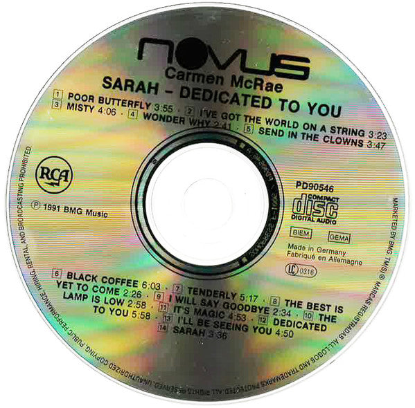 Carmen McRae : Sarah - Dedicated To You (CD, Album)