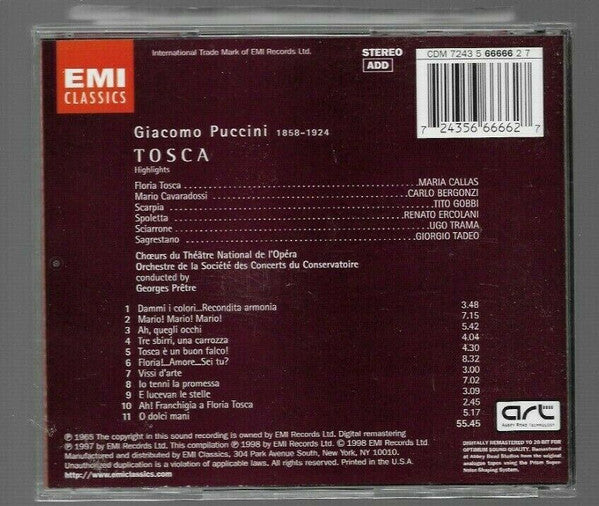 Giacomo Puccini - Maria Callas, Carlo Bergonzi, Tito Gobbi, Choeur National De L'Opéra De Paris, Orchestre De La Société Des Concerts Du Conservatoire, Georges Prêtre : Tosca (CD, Album, RE, RM)