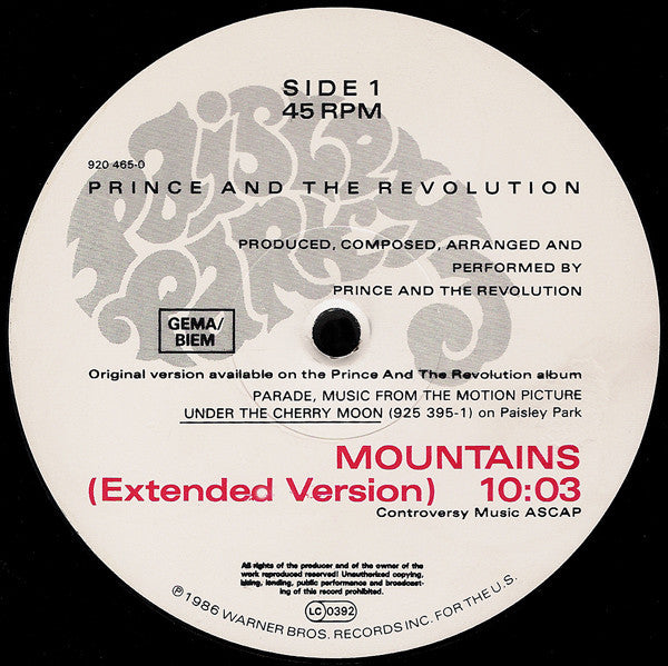 Prince And The Revolution : Mountains (Extended Version) (12", Single)