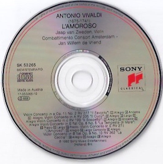 Jaap van Zweden, Combattimento Consort Amsterdam, Jan Willem de Vriend, Antonio Vivaldi : L'Amoroso. A Collection Of Vivaldi's Most Beautiful Violin Concerto's (CD, Album)