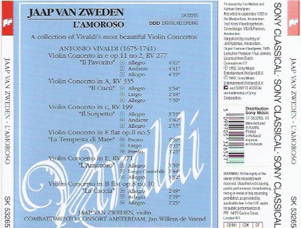 Jaap van Zweden, Combattimento Consort Amsterdam, Jan Willem de Vriend, Antonio Vivaldi : L'Amoroso. A Collection Of Vivaldi's Most Beautiful Violin Concerto's (CD, Album)