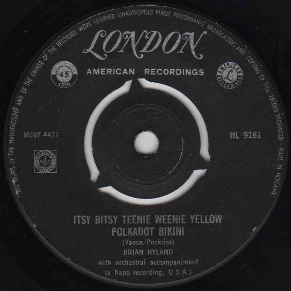 Brian Hyland : Itsy Bitsy Teenie Weenie Yellow Polkadot Bikini / Don't Dilly Dally, Sally (7", Single)