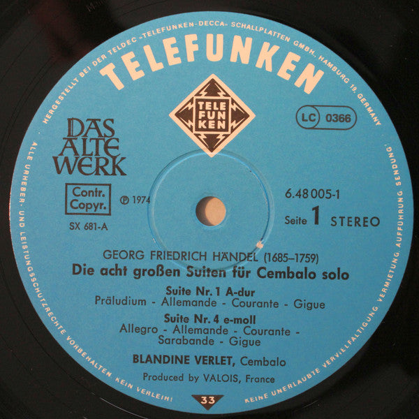 Georg Friedrich Händel, Blandine Verlet : Die Acht Großen Suiten Für Cembalo Solo - The Eight Grand Harpsicord Solo Suites - Les Huit Grandes Suites Pour Clavecin Solo (2xLP, RE)