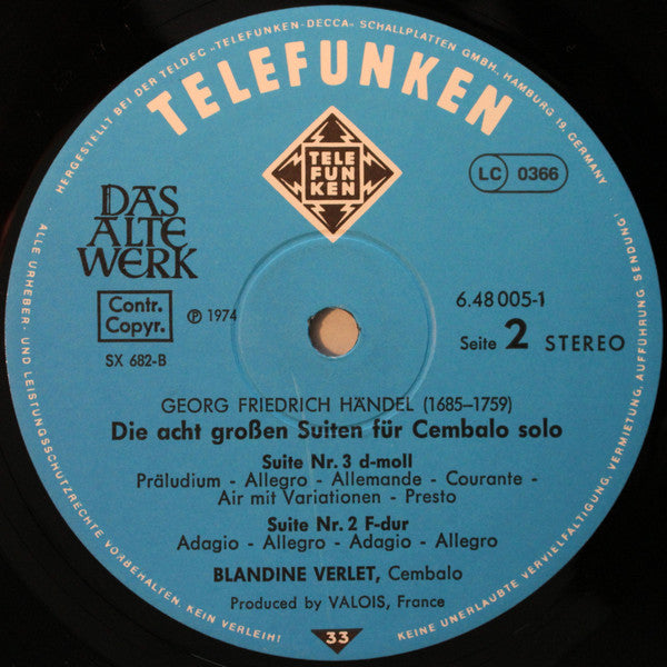Georg Friedrich Händel, Blandine Verlet : Die Acht Großen Suiten Für Cembalo Solo - The Eight Grand Harpsicord Solo Suites - Les Huit Grandes Suites Pour Clavecin Solo (2xLP, RE)
