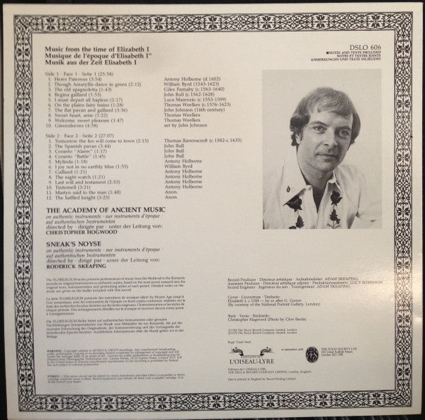 The Academy Of Ancient Music, Christopher Hogwood, Sneak's Noyse, Roderick Skeaping : Music From The Time Of Elizabeth I (LP, Album, RE)