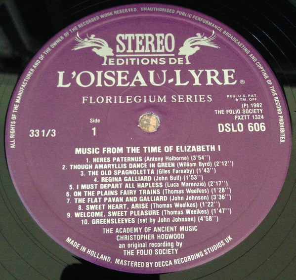 The Academy Of Ancient Music, Christopher Hogwood, Sneak's Noyse, Roderick Skeaping : Music From The Time Of Elizabeth I (LP, Album, RE)
