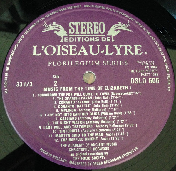 The Academy Of Ancient Music, Christopher Hogwood, Sneak's Noyse, Roderick Skeaping : Music From The Time Of Elizabeth I (LP, Album, RE)