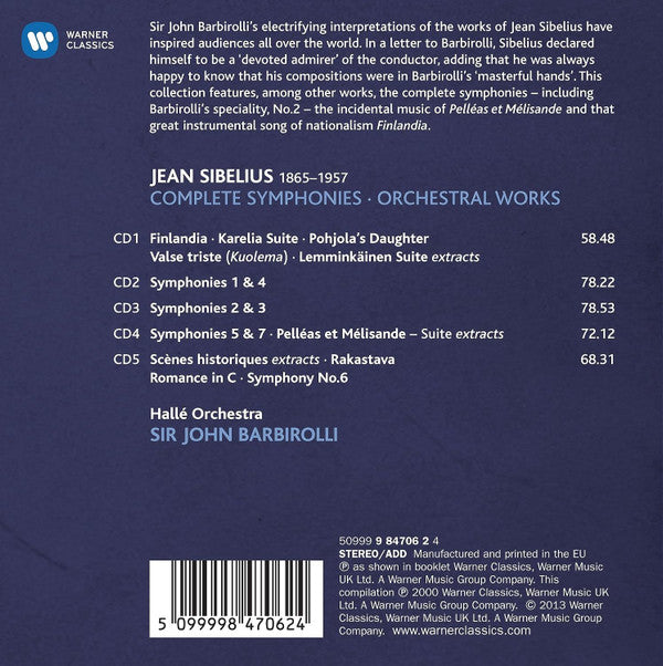Jean Sibelius – Hallé Orchestra, Sir John Barbirolli : Complete Symphonies • Orchestral Works (5xCD, RE, RM + Box, Comp)