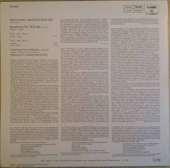 Mozart* - Concertgebouw Orchestra*, Nikolaus Harnoncourt : Symphonie No. 38 »Prager« = »Prague« (LP)