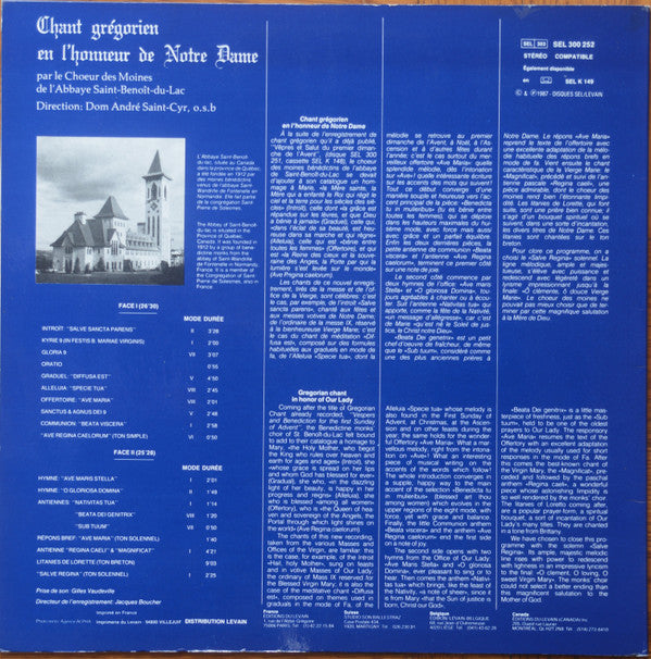 Choeur des Moines de l'Abbaye Saint-Benoît-du-Lac : Fêtes de Notre-Dame (LP, Album)