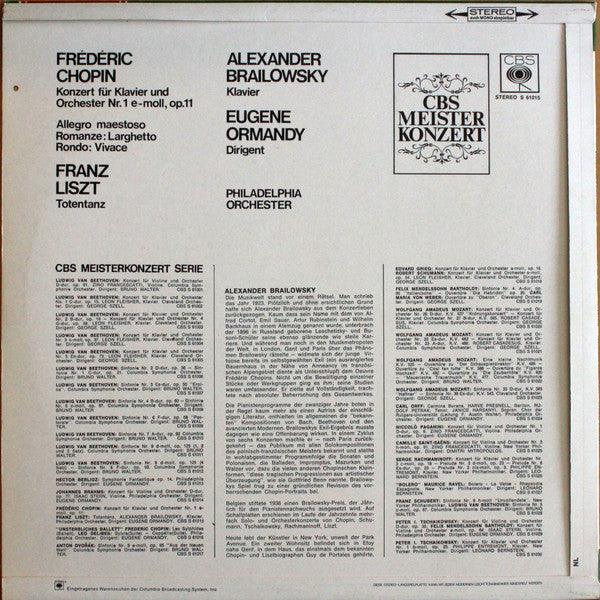 Alexander Brailowsky / Frédéric Chopin, Franz Liszt, Eugene Ormandy , Dirigent The Philadelphia Orchestra : Konzert Für Klavier Und Orchester Nr.1 E-moll / Totentanz (LP)