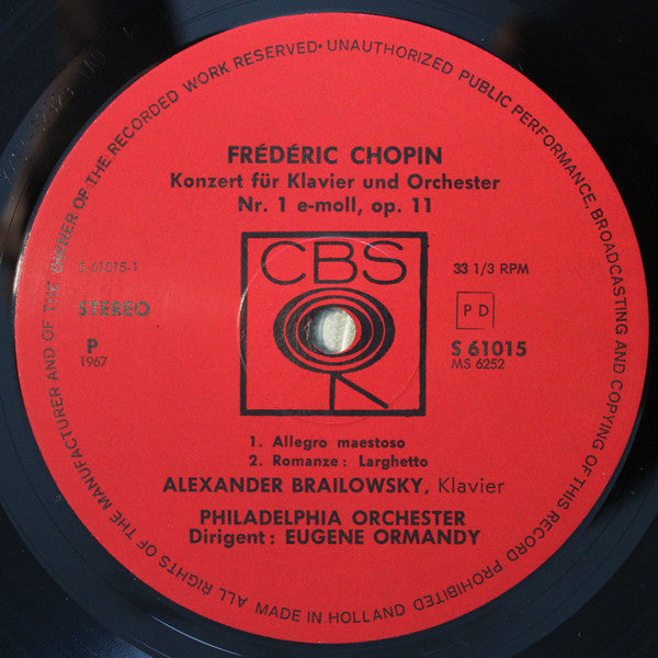 Alexander Brailowsky / Frédéric Chopin, Franz Liszt, Eugene Ormandy , Dirigent The Philadelphia Orchestra : Konzert Für Klavier Und Orchester Nr.1 E-moll / Totentanz (LP)