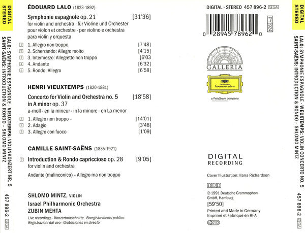 Édouard Lalo / Henri Vieuxtemps / Camille Saint-Saëns - Shlomo Mintz · Israel Philharmonic Orchestra · Zubin Mehta : Symphonie Espagnole / Violin Concerto No. 5 / Introduction & Rondo Capriccioso (CD, Album, RE)