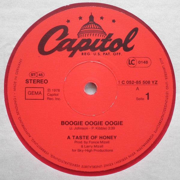 A Taste Of Honey : Boogie Oogie Oogie / World Spin (12", Red)