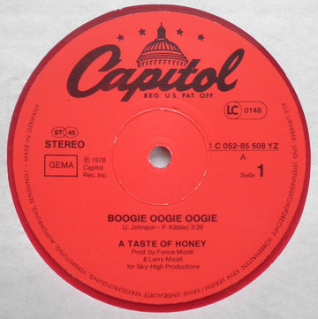 A Taste Of Honey : Boogie Oogie Oogie / World Spin (12", Red)