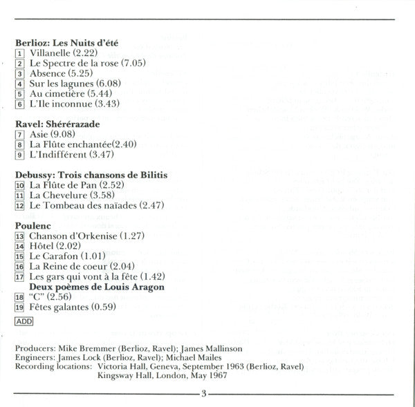 Régine Crespin – Berlioz* / Ravel* / Debussy* / Poulenc* : Les Nuits D'Été / Shéhérazade / Etc. (CD, Comp, RM)